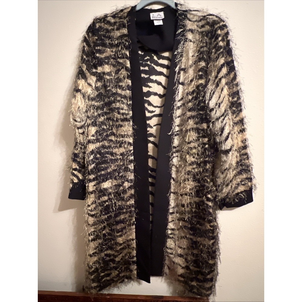 L.A. Design Fuzzy Animal Print‎ Long Cardigan Duster Jacket M Made in USA